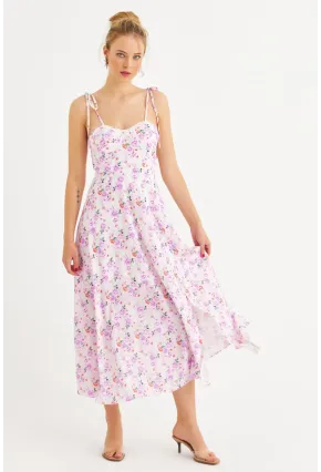 Kadın Ekru-Pembe İp Askılı Çiçekli Midi Elbise ERL10013