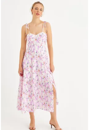 Kadın Ekru-Pembe İp Askılı Çiçekli Midi Elbise ERL10013