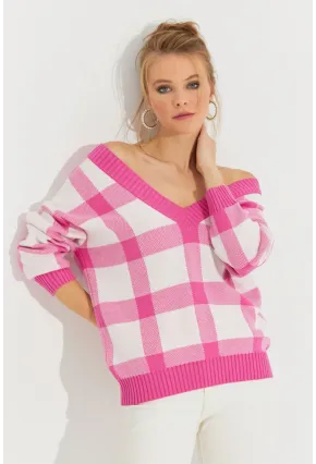 Kadın Ekru-Pembe V Yaka Ekose Triko Kazak TH1102