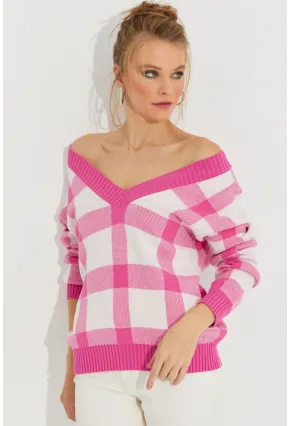 Kadın Ekru-Pembe V Yaka Ekose Triko Kazak TH1102