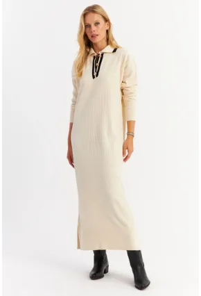 Kadın Ekru Polo Yaka Triko Maxi Elbise MNUV17