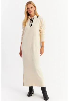 Kadın Ekru Polo Yaka Triko Maxi Elbise MNUV17