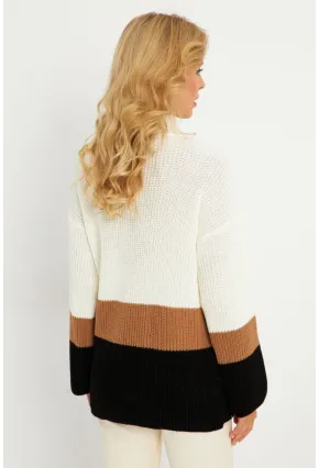 Kadın Ekru Renk Bloklu Kazak YV277