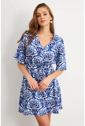 Kadın Ekru-Saks Desenli Mini Elbise Q1006