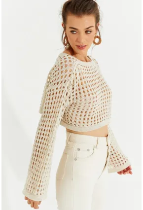 Kadın Ekru Simli Ajurlu Triko Kısa Bluz YV141