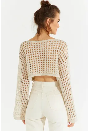 Kadın Ekru Simli Ajurlu Triko Kısa Bluz YV141