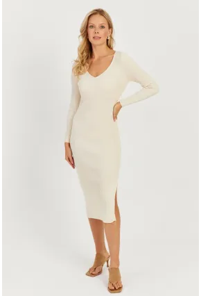 Kadın Ekru Sırtı Çapraz Triko Midi Elbise YZ407