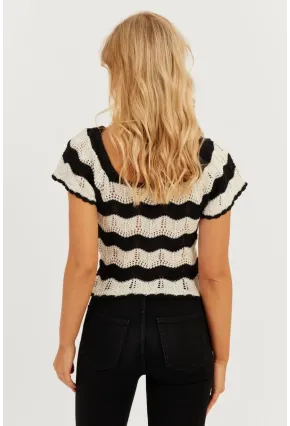 Kadın Ekru-Siyah Ajurlu Triko Bluz YZ624