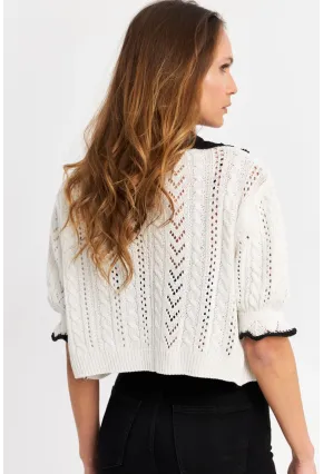 Kadın Ekru-Siyah Ajurlu Triko Hırka YV307