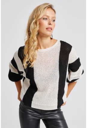 Kadın Ekru-Siyah Ajurlu Triko Kazak YV218