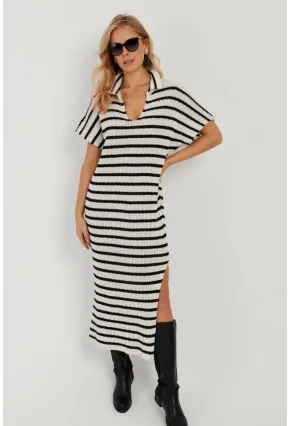 Kadın Ekru-Siyah Ajurlu Triko Midi Elbise YZ622