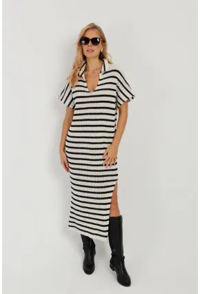 Kadın Ekru-Siyah Ajurlu Triko Midi Elbise YZ622