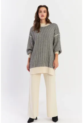 Kadın Ekru-Siyah Alt Üst Pantalon Triko Takım NUV35