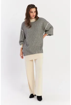 Kadın Ekru-Siyah Alt Üst Pantalon Triko Takım NUV35