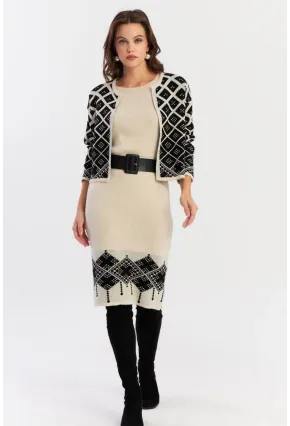 Kadın Ekru-Siyah Alt Üst Triko Desenli Takım NUV2028