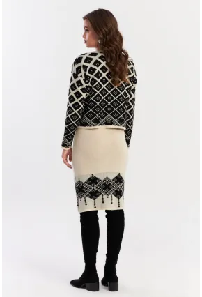 Kadın Ekru-Siyah Alt Üst Triko Desenli Takım NUV2028