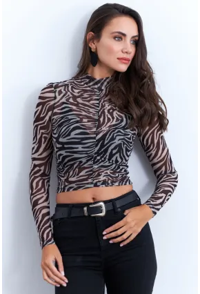 Kadın Ekru-Siyah Büzgülü Desenli Tül Bluz AYD379