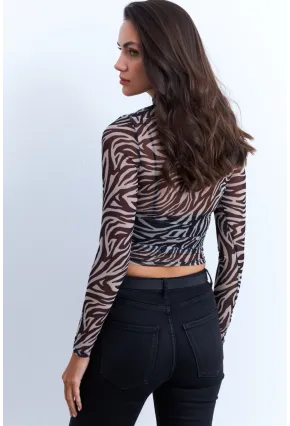 Kadın Ekru-Siyah Büzgülü Desenli Tül Bluz AYD379
