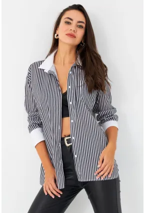 Kadın Ekru-Siyah Çizgili Kontrast Gömlek ELT156