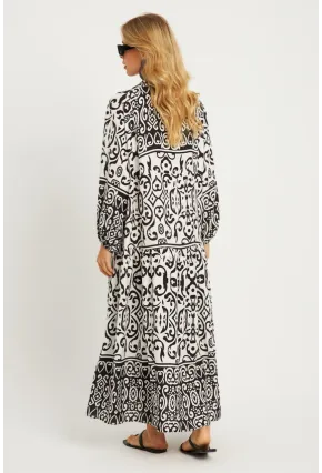 Kadın Ekru-Siyah Desenli Midi Elbise GÇ169