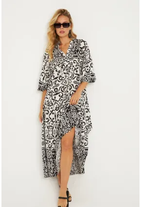 Kadın Ekru-Siyah Desenli Midi Elbise MGÇ169