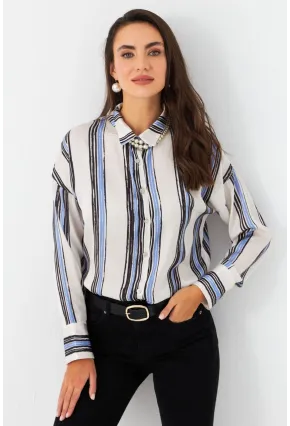 Kadın Ekru-Siyah Desenli Saten Gömlek MSHR500