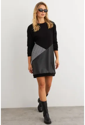Kadın Ekru-Siyah Leopar Desenli Mini Sweat Elbise ST145
