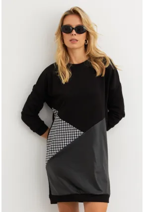 Kadın Ekru-Siyah Leopar Desenli Mini Sweat Elbise ST145