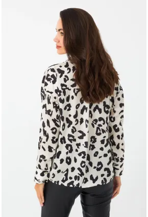 Kadın Ekru-Siyah Leopar Desenli Saten Gömlek SHR9