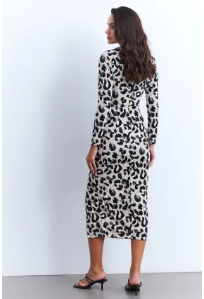 Kadın Ekru-Siyah Önü Düğümlü Desenli Midi Elbise MKED5006