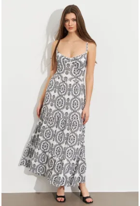 Kadın Ekru-Siyah Sırt Dekolteli Desenli Maxi Elbise LİT110