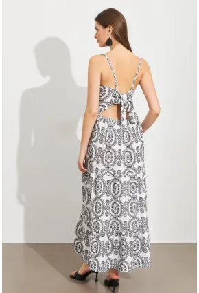 Kadın Ekru-Siyah Sırt Dekolteli Desenli Maxi Elbise LİT110