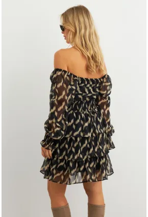 Kadın Ekru-Siyah Volanlı Şifon Mini Elbise KSD2831