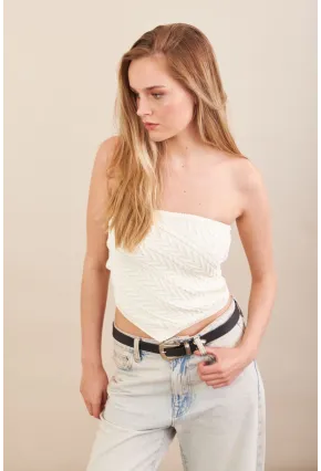 Kadın Ekru Straplez Triko Crop Bluz ZH049