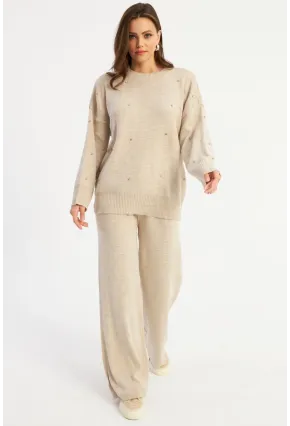 Kadın Ekru Taşlı Alt Üst Takım MYİL10