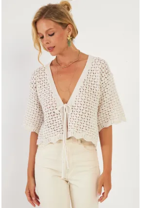 Kadın Ekru Triko Ajurlu Hırka YV255