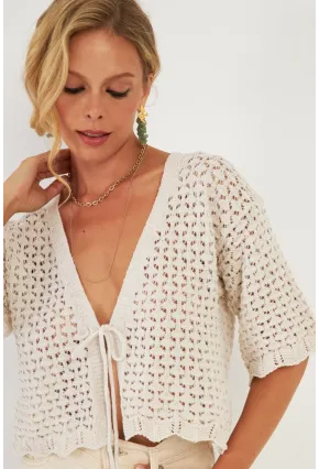 Kadın Ekru Triko Ajurlu Hırka YV255