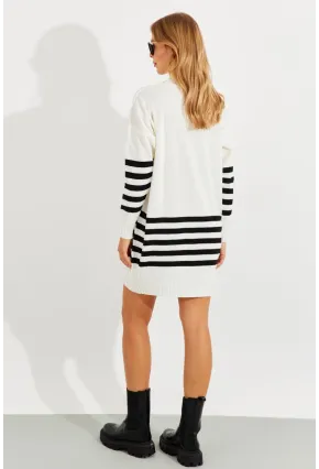 Kadın Ekru Triko Çizgili Tunik YV202