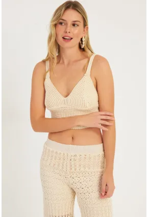 Kadın Ekru Triko Crop Bluz KZ2507