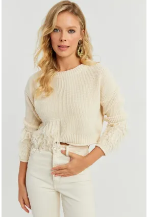Kadın Ekru Triko Kısa Kazak YZ526