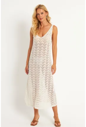 Kadın Ekru Triko Midi Plaj Elbisesi HC1482