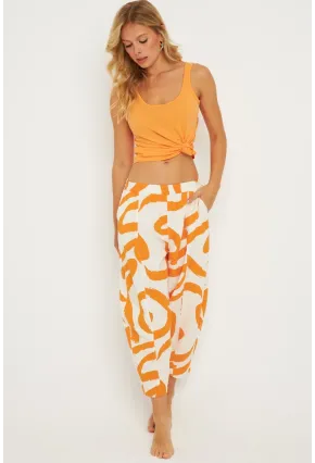 Kadın Ekru-Turuncu Desenli Keten Şalvar Pantolon K1253