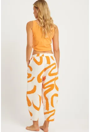 Kadın Ekru-Turuncu Desenli Keten Şalvar Pantolon K1253
