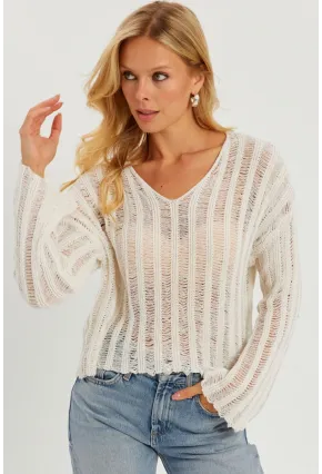 Kadın Ekru V Yaka Ajurlu Triko Bluz YV233