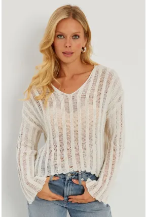 Kadın Ekru V Yaka Ajurlu Triko Bluz YV233