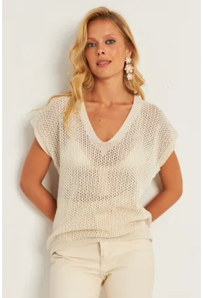 Kadın Ekru V Yaka Fileli Bluz SMT230