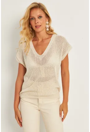 Kadın Ekru V Yaka Fileli Bluz SMT230