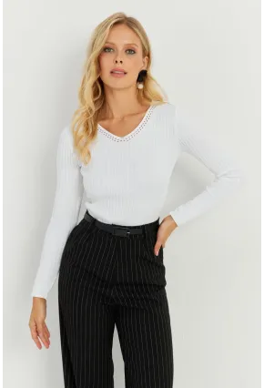 Kadın Ekru V Yaka Fitilli Triko Bluz SMT216