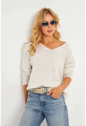 Kadın Ekru V Yaka Triko Bluz YV282
