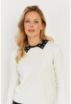 Kadın Ekru Yakası Taşlı Triko Kazak KED1213